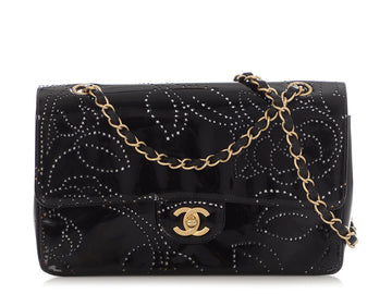 Chanel   Black Perforated Patent Camellia Flap