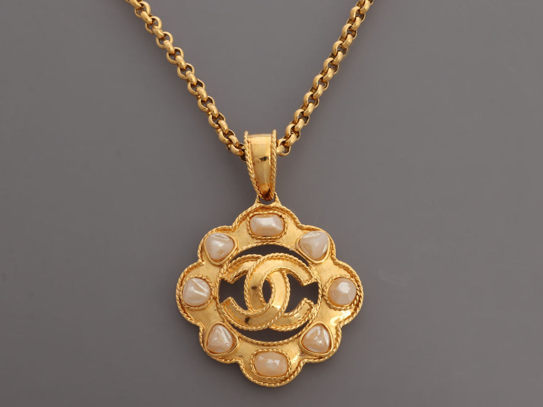 Chanel   Long Pearl Logo Medallion Pendant Necklace