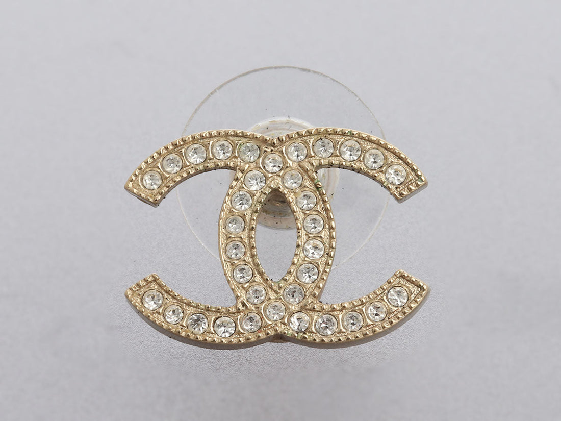Chanel Medium Crystal Logo Pierced Earrings