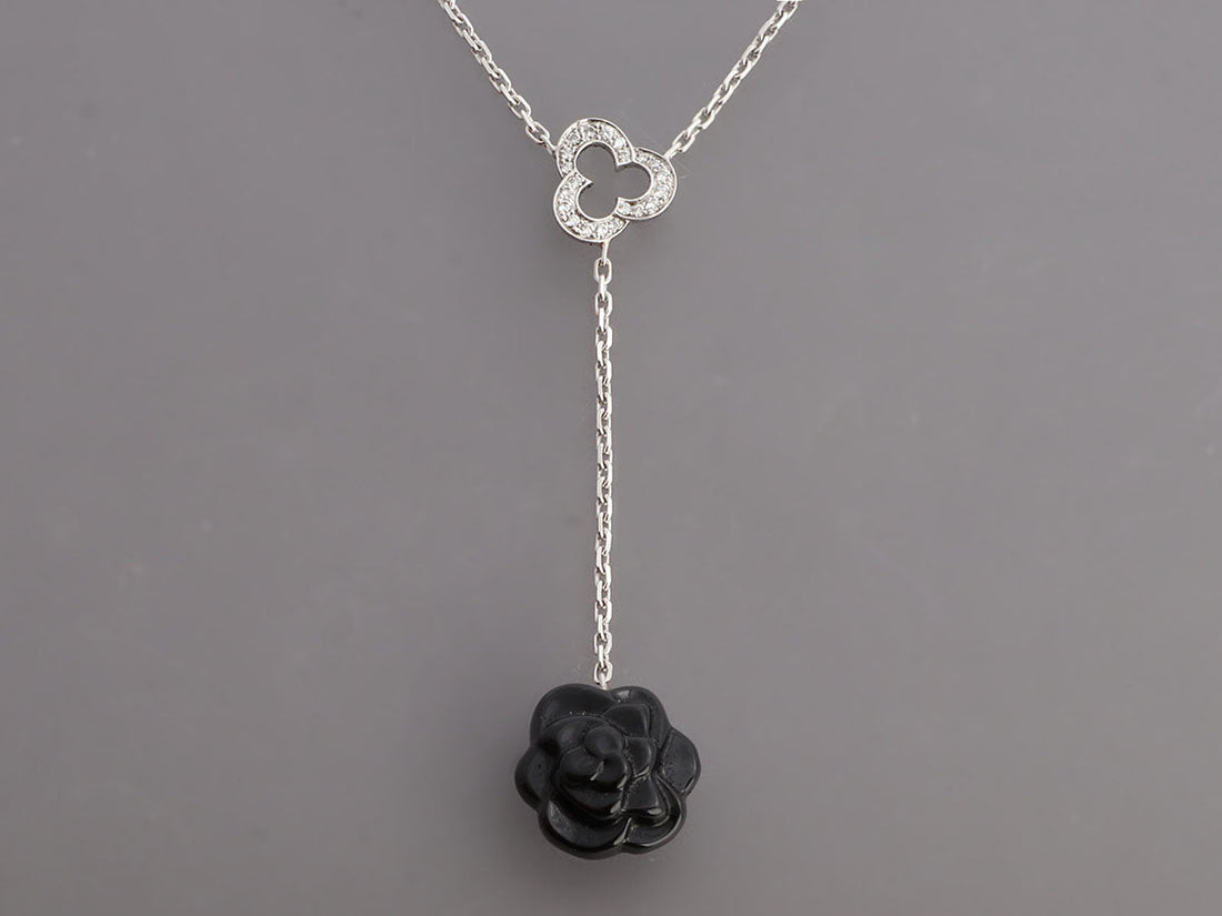 Chanel 18K White Gold Diamond and Black Onyx Camélia Sculpté Drop Necklace