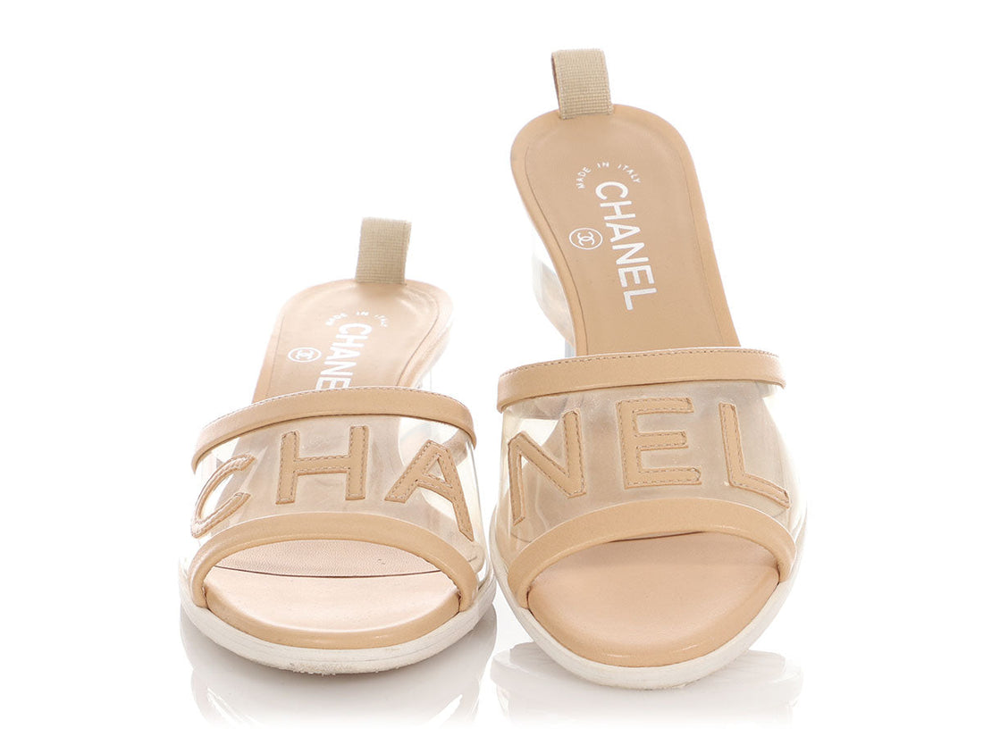 Chanel Beige Leather and PVC Slide Sandals