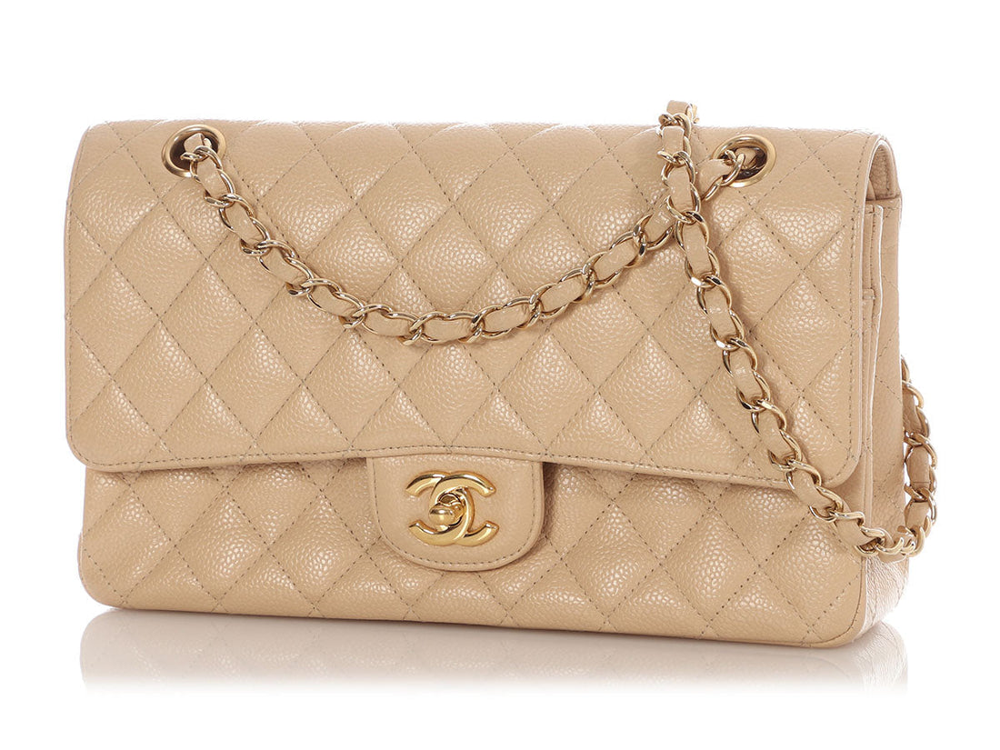 Chanel Medium/Large Light Beige Quilted Caviar Classic Double Flap
