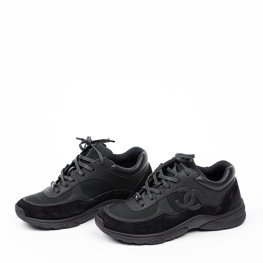 CHANEL CC LEATHER & MIXED FABRIC SNEAKERS