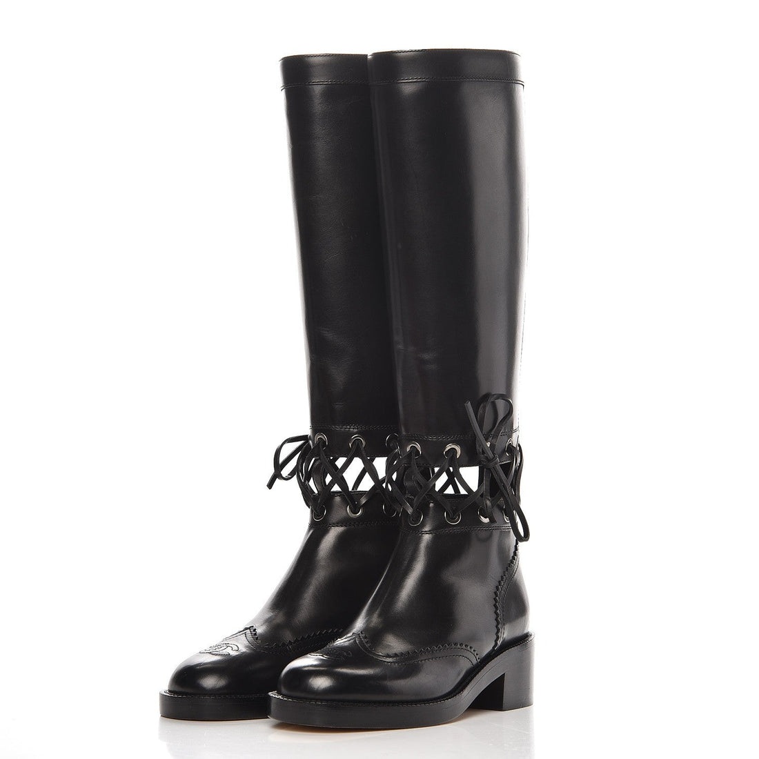 CHANEL CC CALFSKIN CROSS STITCH CUT OUT KNEE HIGH BOOTS