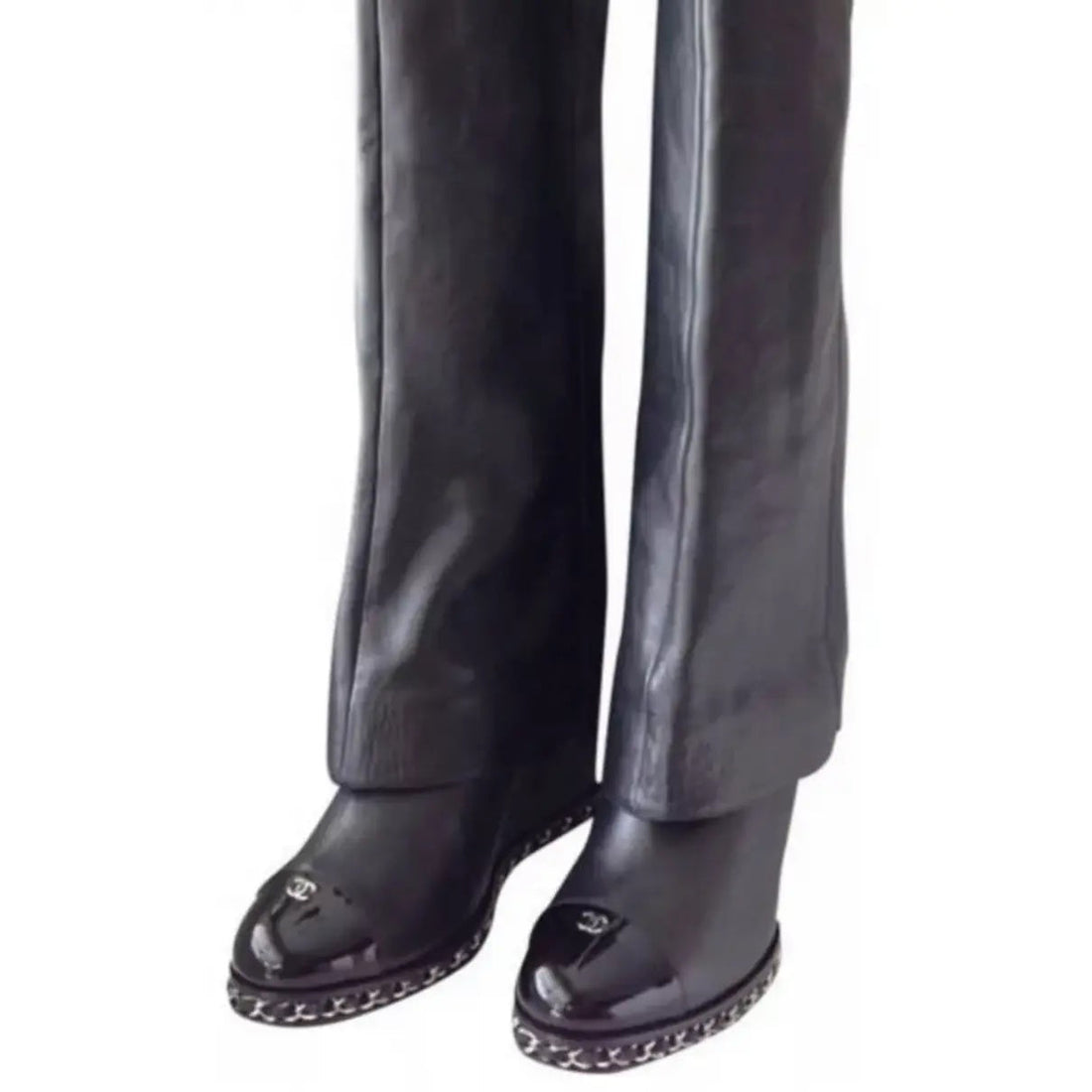 CHANEL LEATHER FOLD OVER KNEE HIGH CAP TOE CHAIN WEDGE HEEL BOOTS