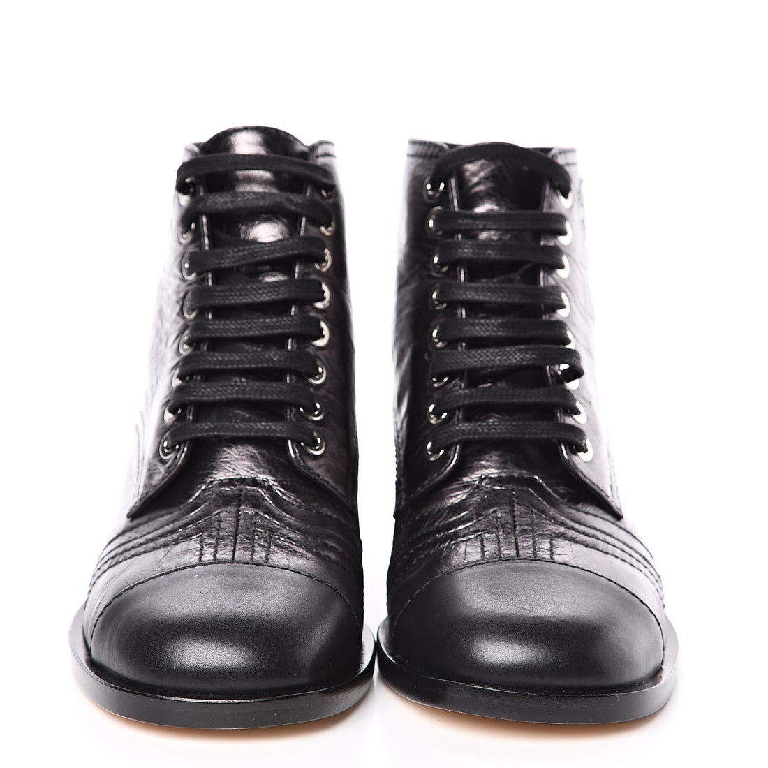CHANEL CC METALLIC LACE UP COMBAT BOOTS