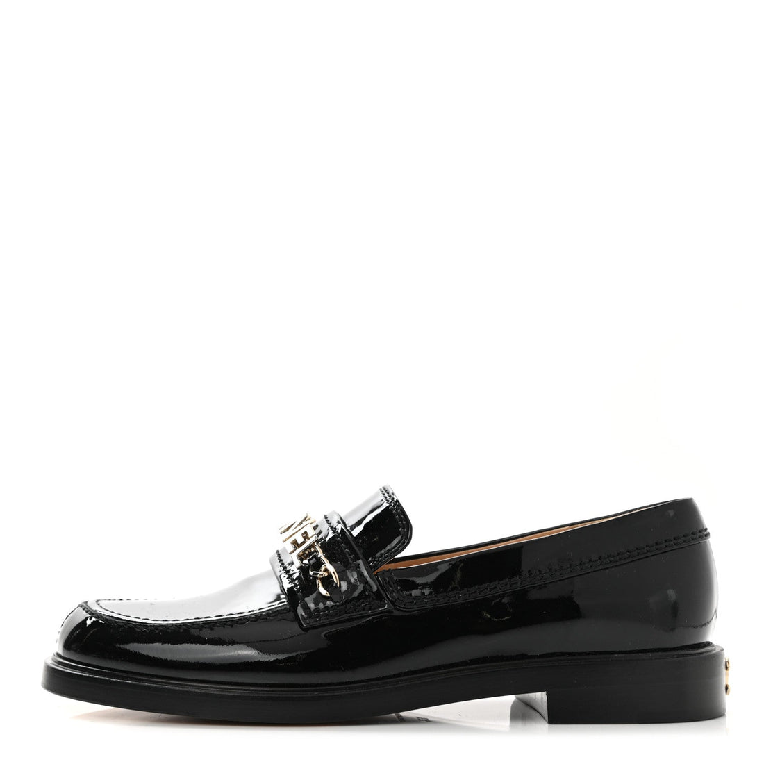 CHANEL SHINY PATENT CALFSKIN LOGO LOAFERS