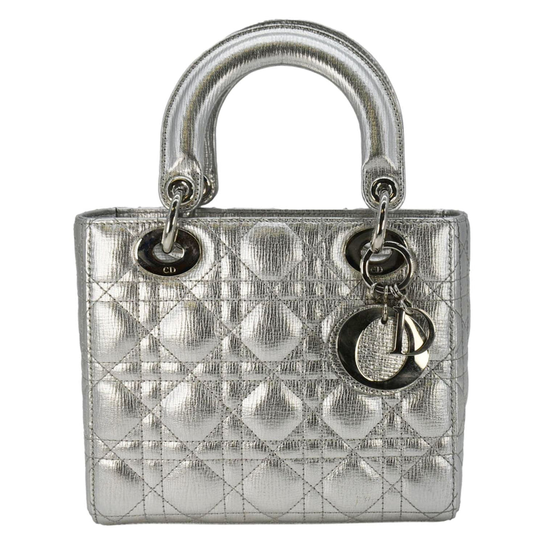 CHRISTIAN DIOR Lady Dior Lambskin Leather Shoulder Bag Metallic Silver