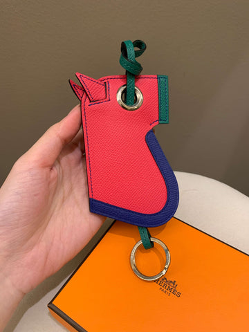Hermes Camail Key Ring Bag Charm Rose Extreme / Bleu Electrique / Vertigo