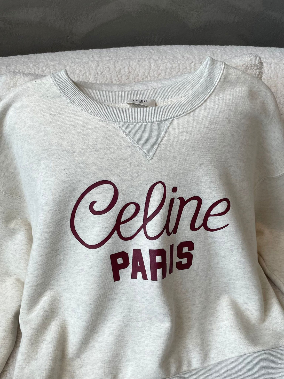 Celine Paris Oversized Cotton Fleece Sweatshirt Grey / Burgundy