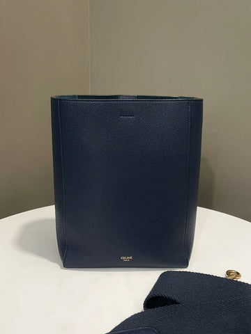 Celine Sangle Bucket Bag Navy Blue Grainy Leather