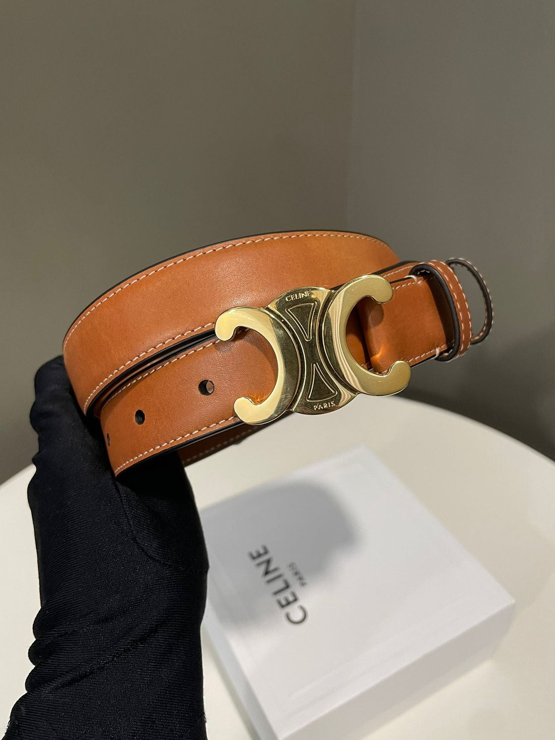 Celine Triomphe Belt Brown Leather