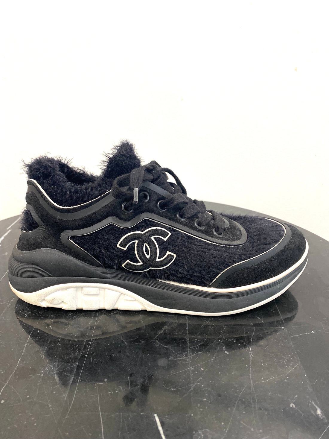CHANEL TWEED & SUEDE CC LACE UP SNEAKERS
