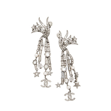 Chanel Crystal Faux Pearl CC Star Drop Clip On Earrings