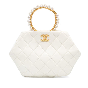 Chanel Quilted Lambskin Pearl Crown Handle Clutch Bag