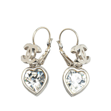 Chanel Silver CC Crystal Heart Drop Lever Back Earrings