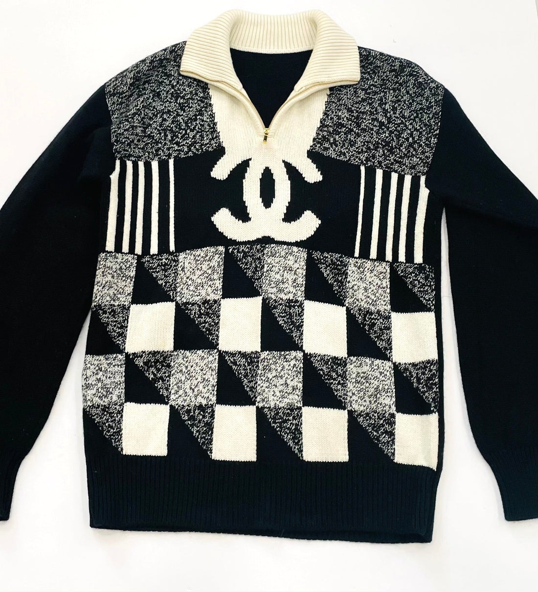 CHANEL CC COLORBLOCK QUARTER ZIP CASHMERE SWEATER