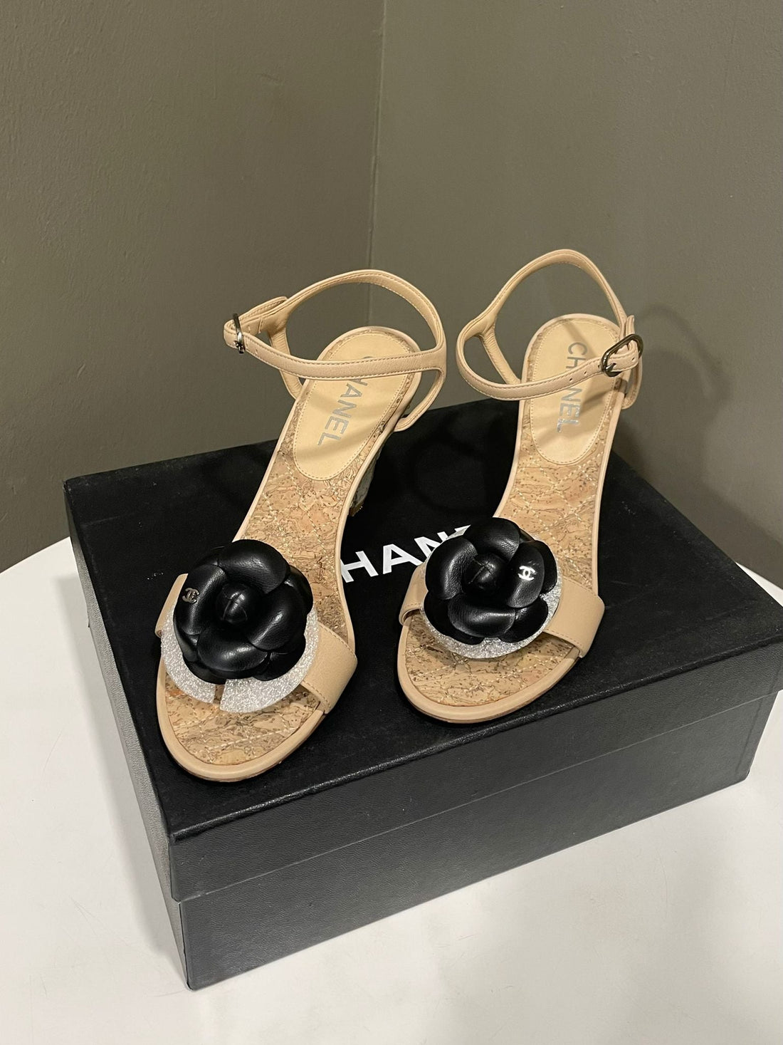 Chanel 14C Camellia Wedge Sandal Beige/ Black Cork  Size 37C