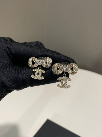 Chanel 15P Ribbon Bow CC Drop Earrings