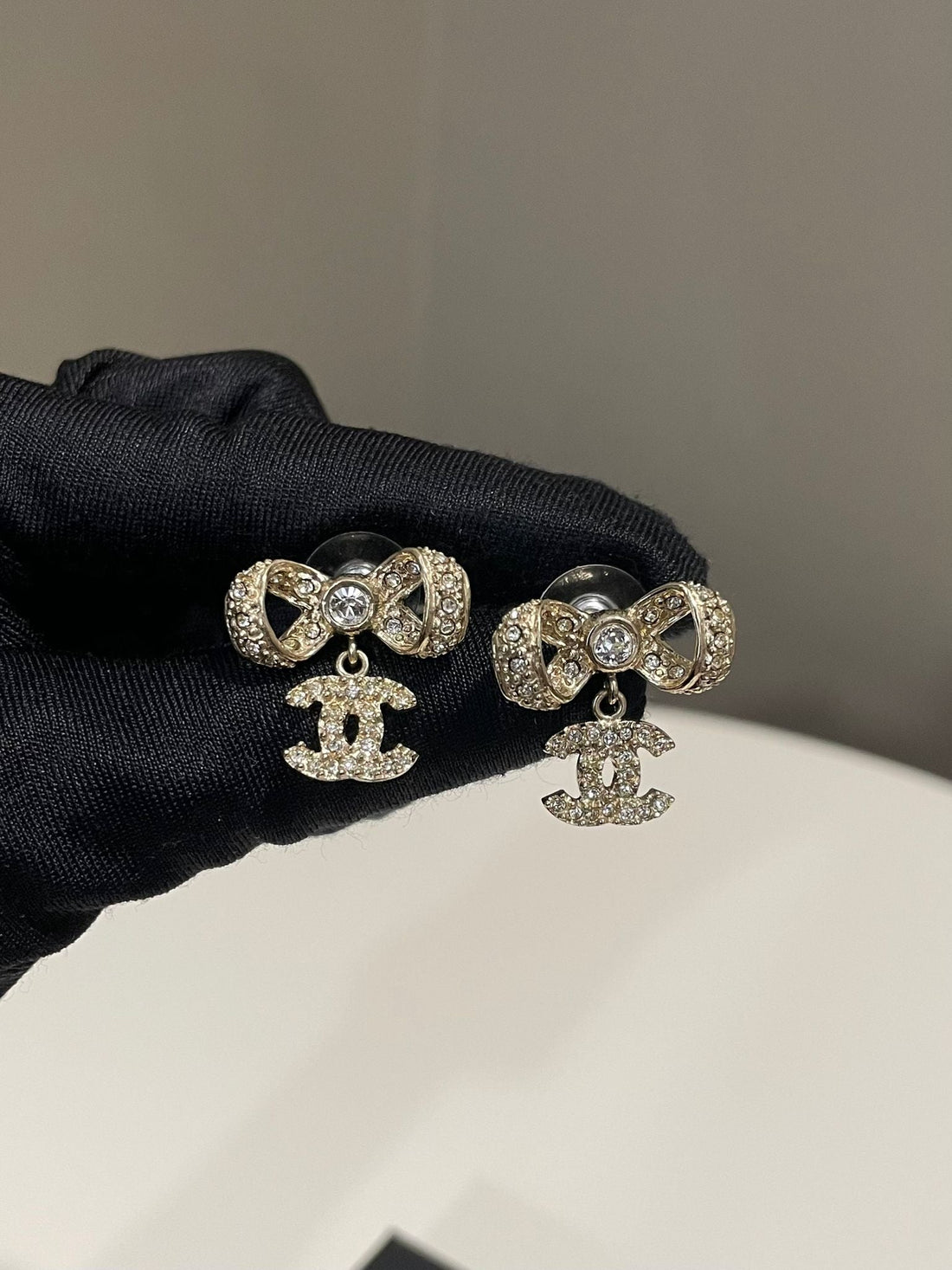 Chanel 15P Ribbon Bow CC Drop Earrings