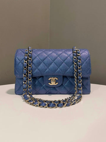 Chanel 19S Classic Quilted Small Double Flap Iridescent Blue Caviar