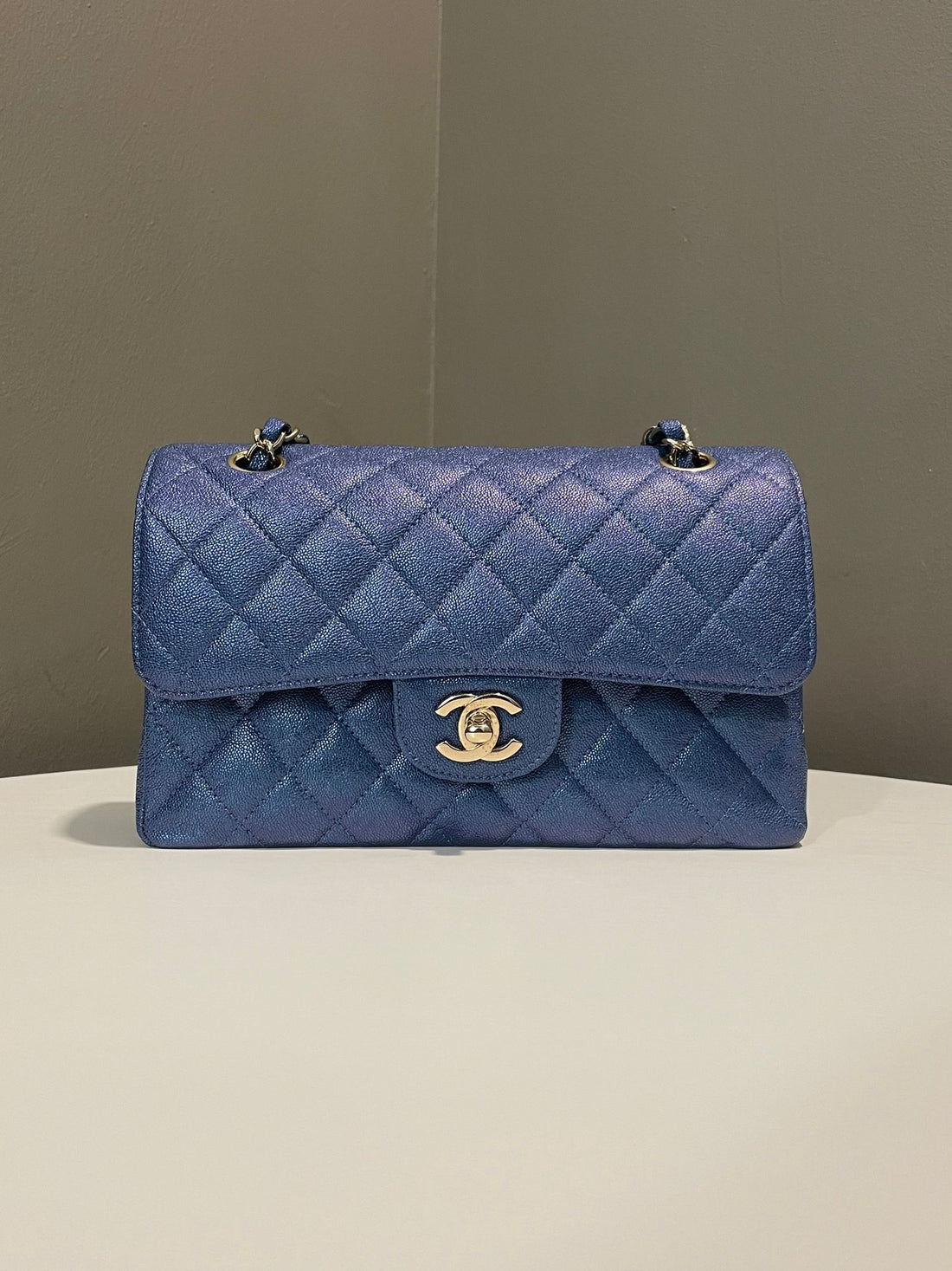 Chanel 19S Classic Quilted Small Double Flap Iridescent Blue Caviar