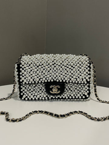 Chanel 19S Pearl Mini Flap Bag Black Satin / Ivory Glass Pearl