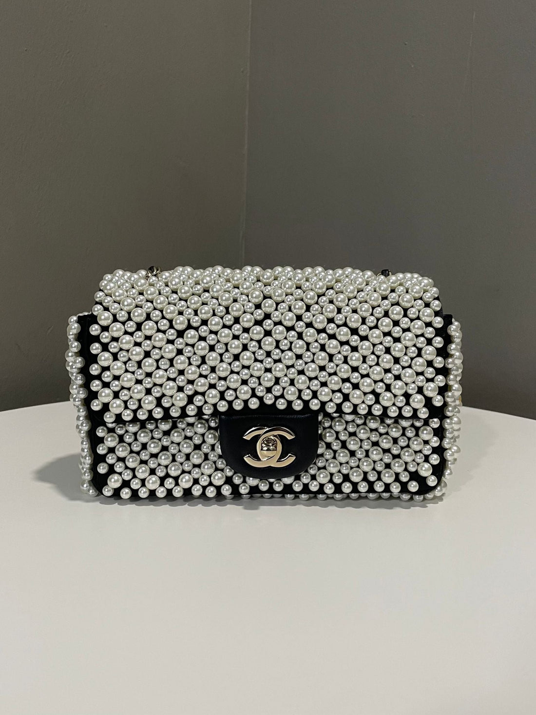 Chanel 19S Pearl Mini Flap Bag Black Satin / Ivory Glass Pearl