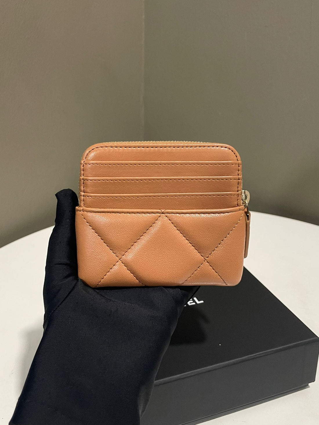 Chanel 19 Square Zip Around Card Holder Caramel Lambskin