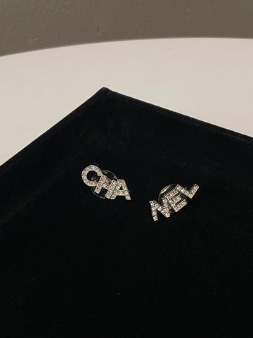 Chanel 20K "CHA NEL" Stud Earring Rhinestone