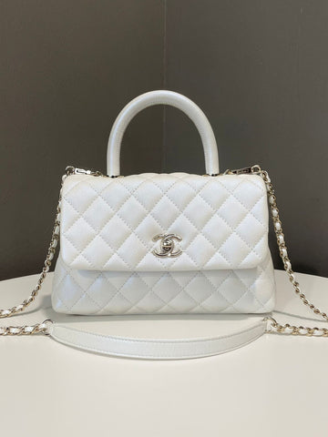Chanel 20K Quilted Coco Handle Pearly Ivory Iridescent Caviar