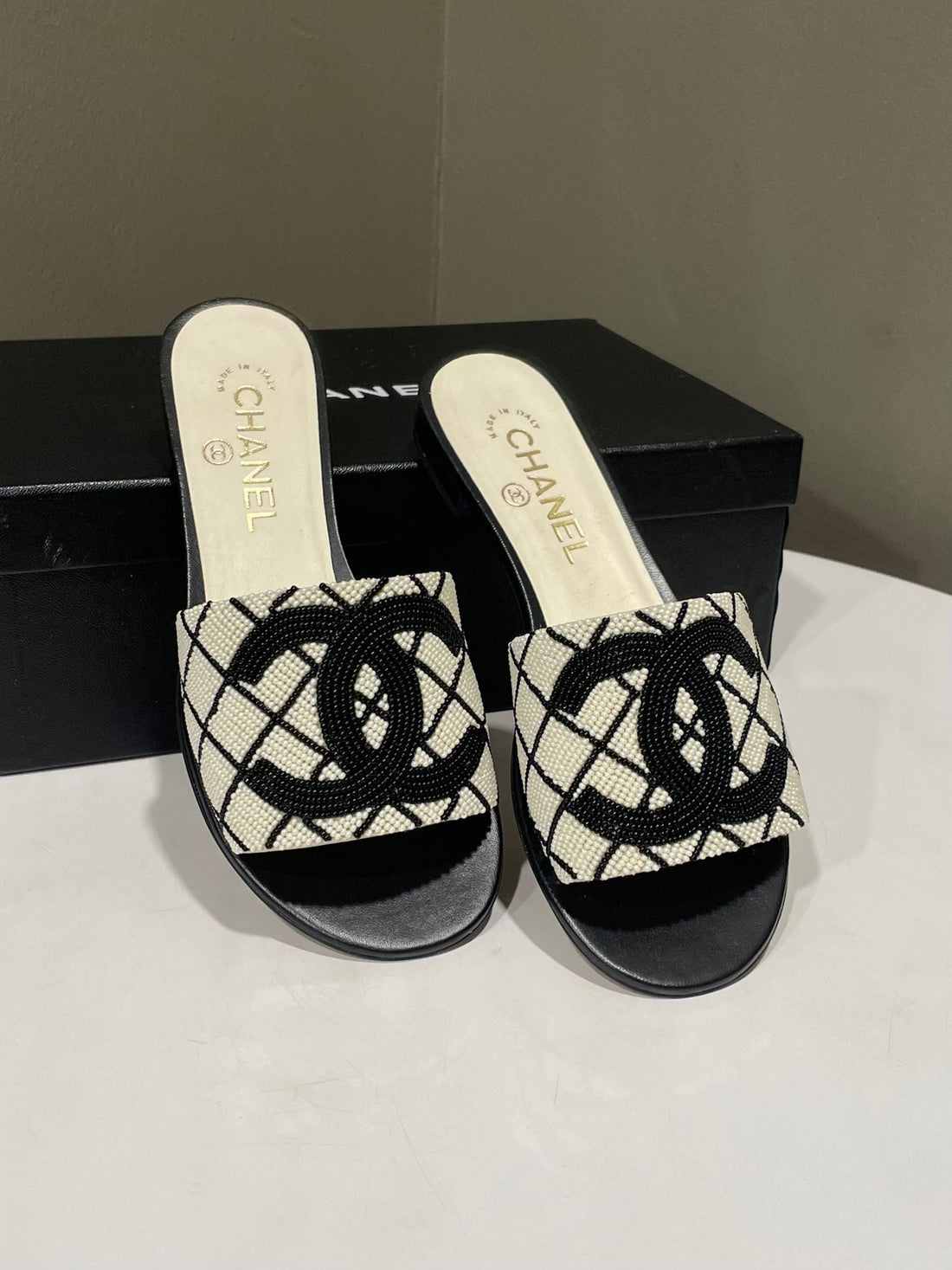 Chanel 20P Beaded Cc Slide Black/ White  Size 37C