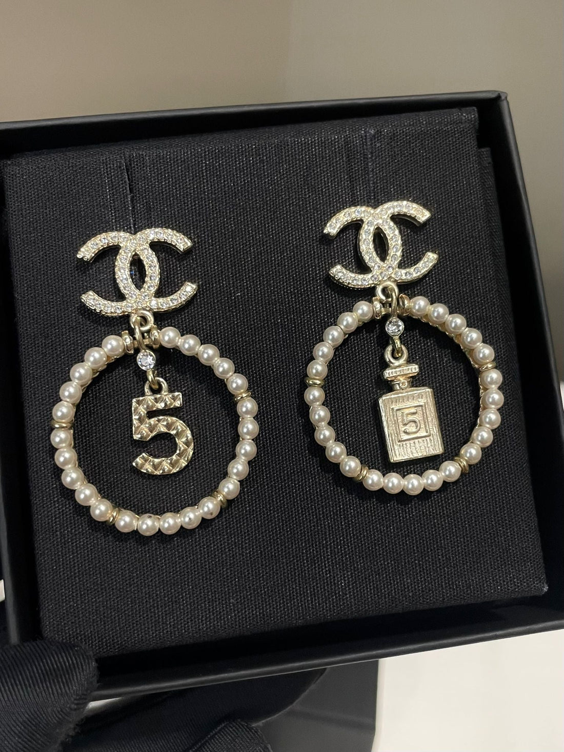 Chanel 20V CC Perfume Pearl Drop Earrings