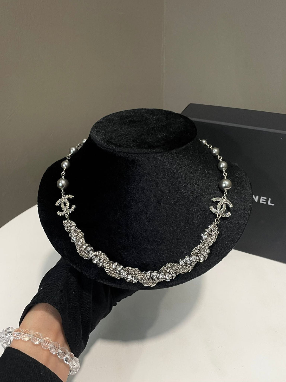 Chanel 20V Cc Necklace Silver Grey Pearl Crystal