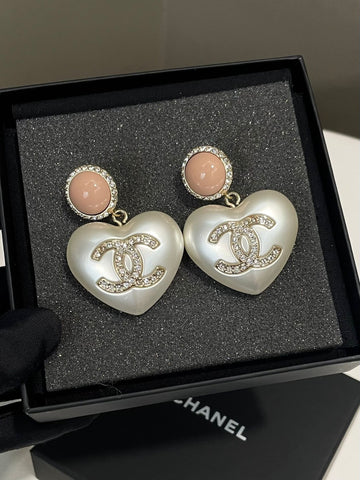 Chanel 21B Large Heart Drop CC Crystal Earrings