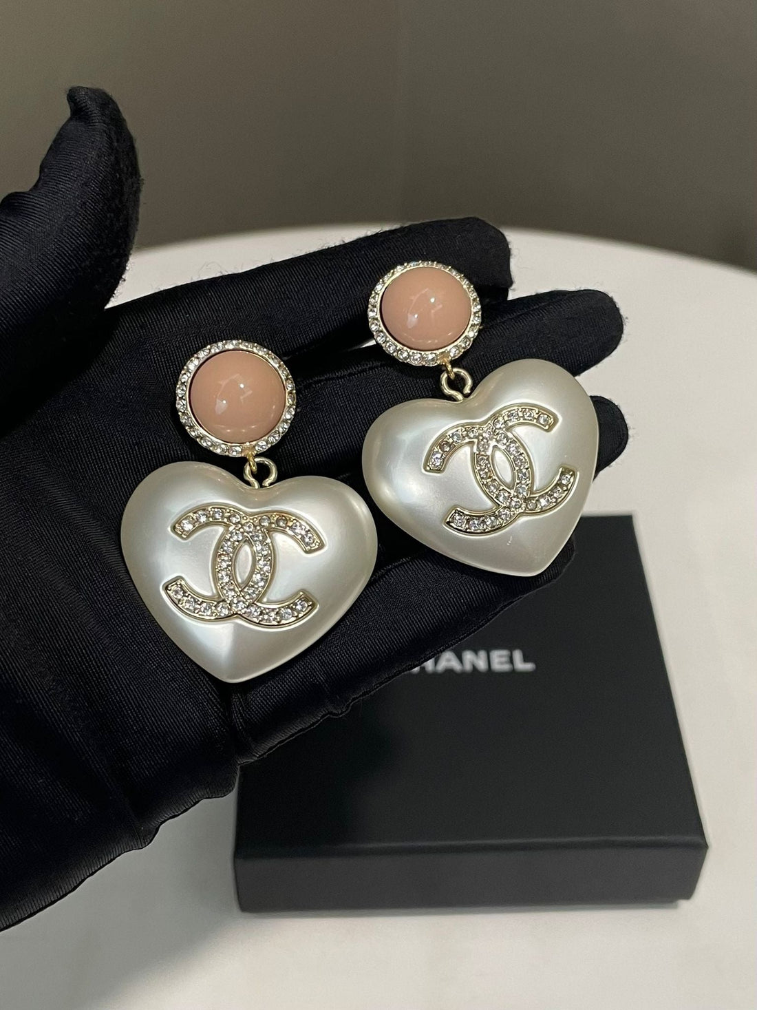 Chanel 21B Large Heart Drop CC Crystal Earrings