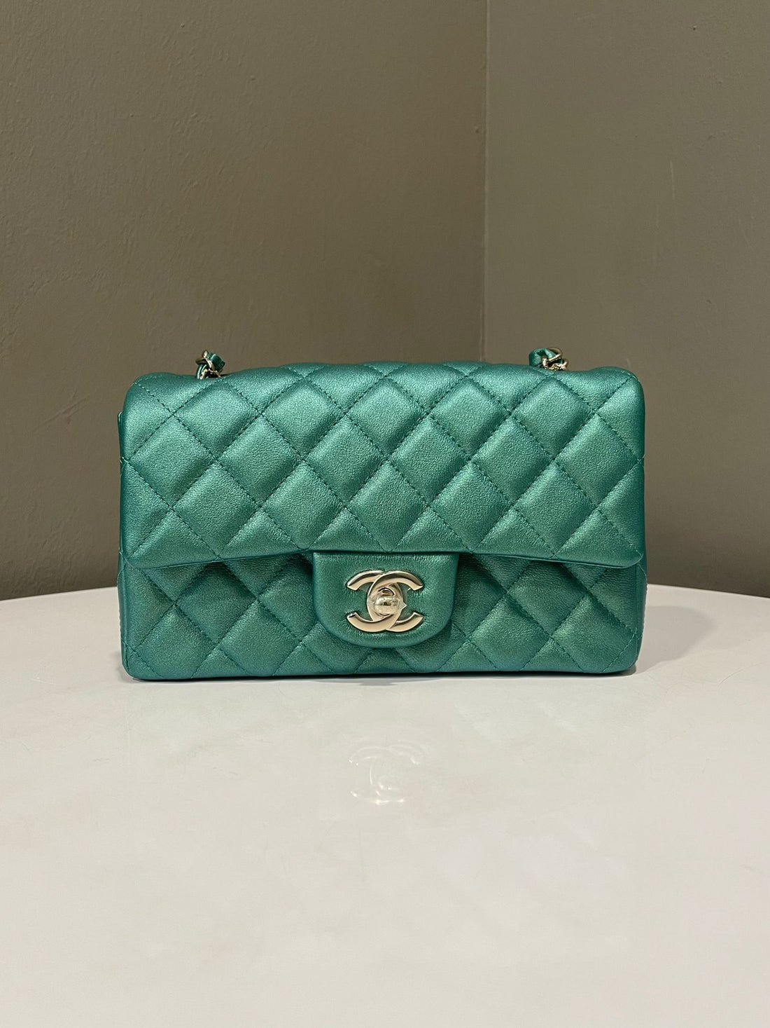 Chanel 21S Quilted Mini Rectangular Emerald Green Iridescent Lambskin