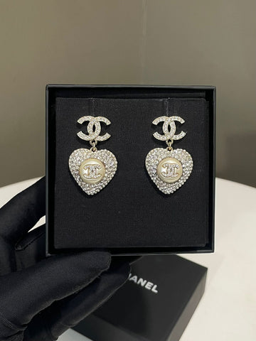 Chanel 22B Cc Dangling Heart Crystal Earrings