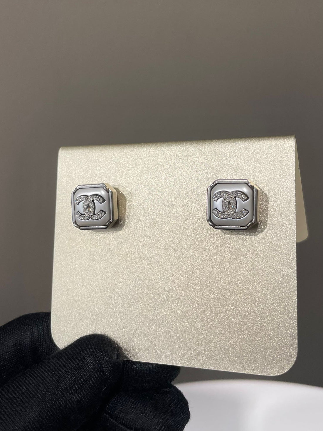 Chanel 22C CC Square Stud Earrings Faux Pearl Crystal Embellished