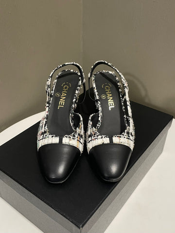 Chanel 22C Slingbacks  Black / Multi Color Tweed  Size 38 C