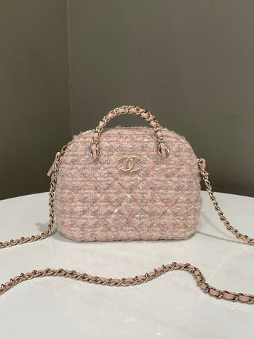 Chanel 24B Cc Quilted Chain Top Handle Pink Tweed / Sequin