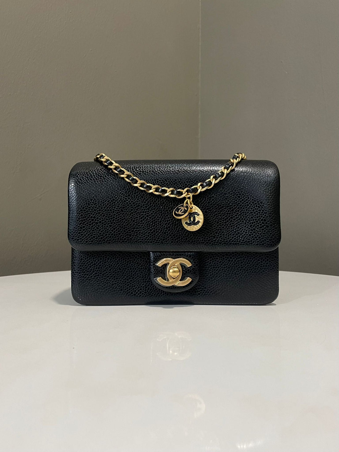 Chanel 24K Mini Flap Bag  Black Grained Caviar Leather
