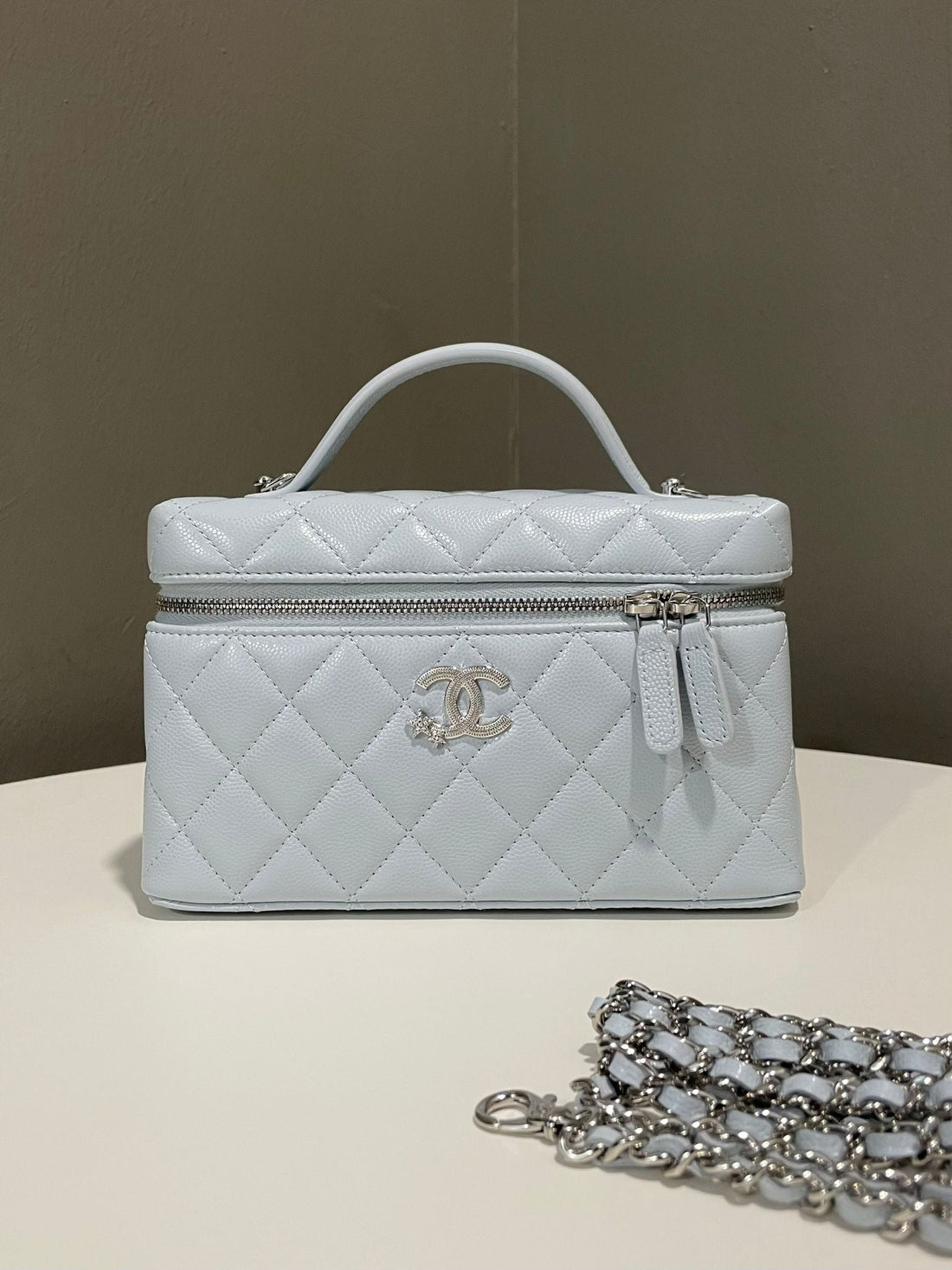 Chanel 25B LP Vanity Top Handle Bag Ice Grey Blue Caviar