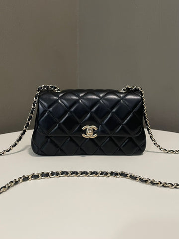 Chanel 25S Cc Quilted Mini Chain Flap Black Lambskin