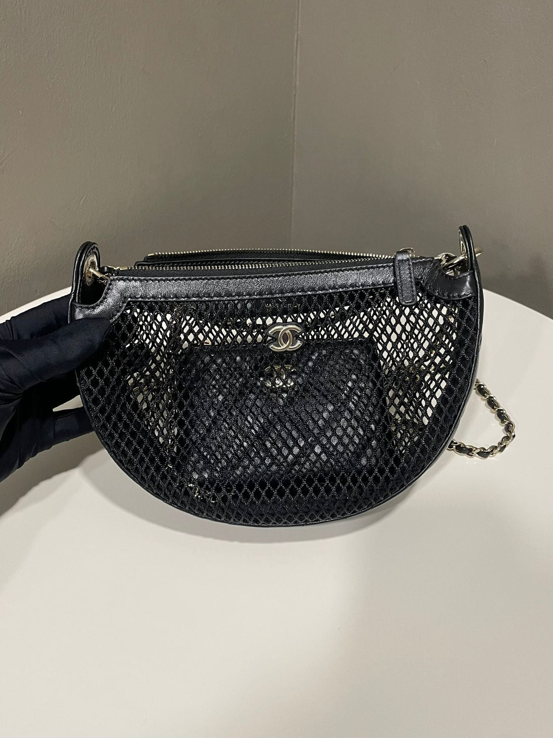 Chanel 25S Mesh Chain Hobo Bag Black Lambskin