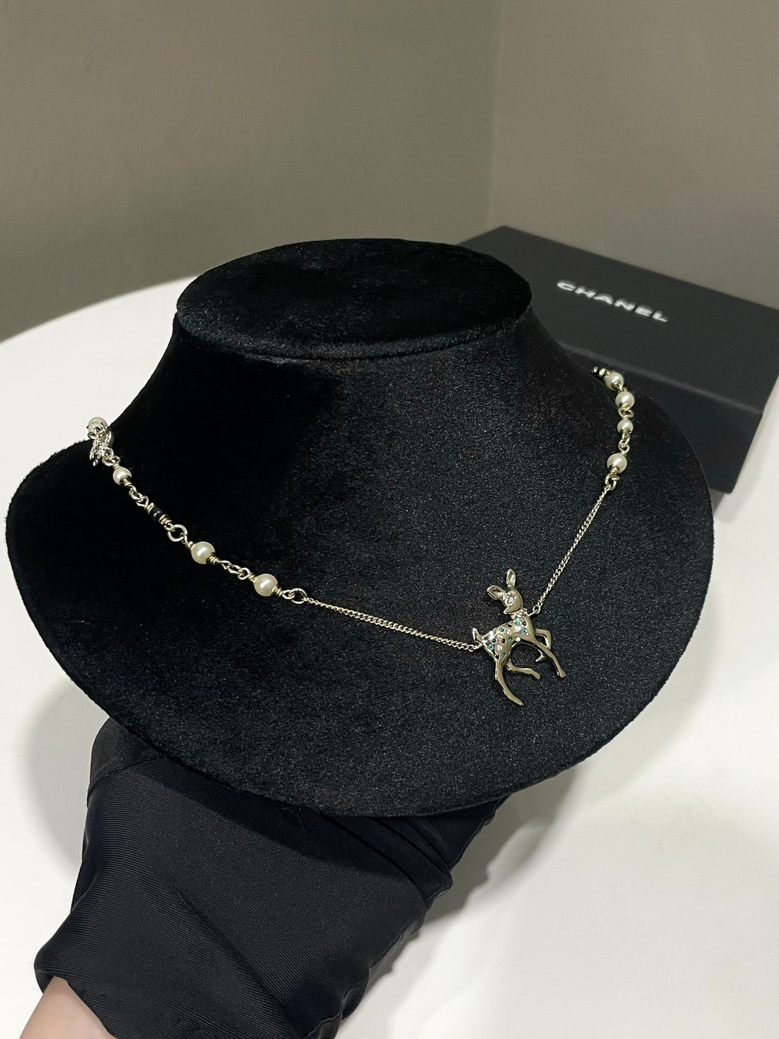 Chanel 26C VIP Deer Pendant Long Necklace Pearl / Rhinestone