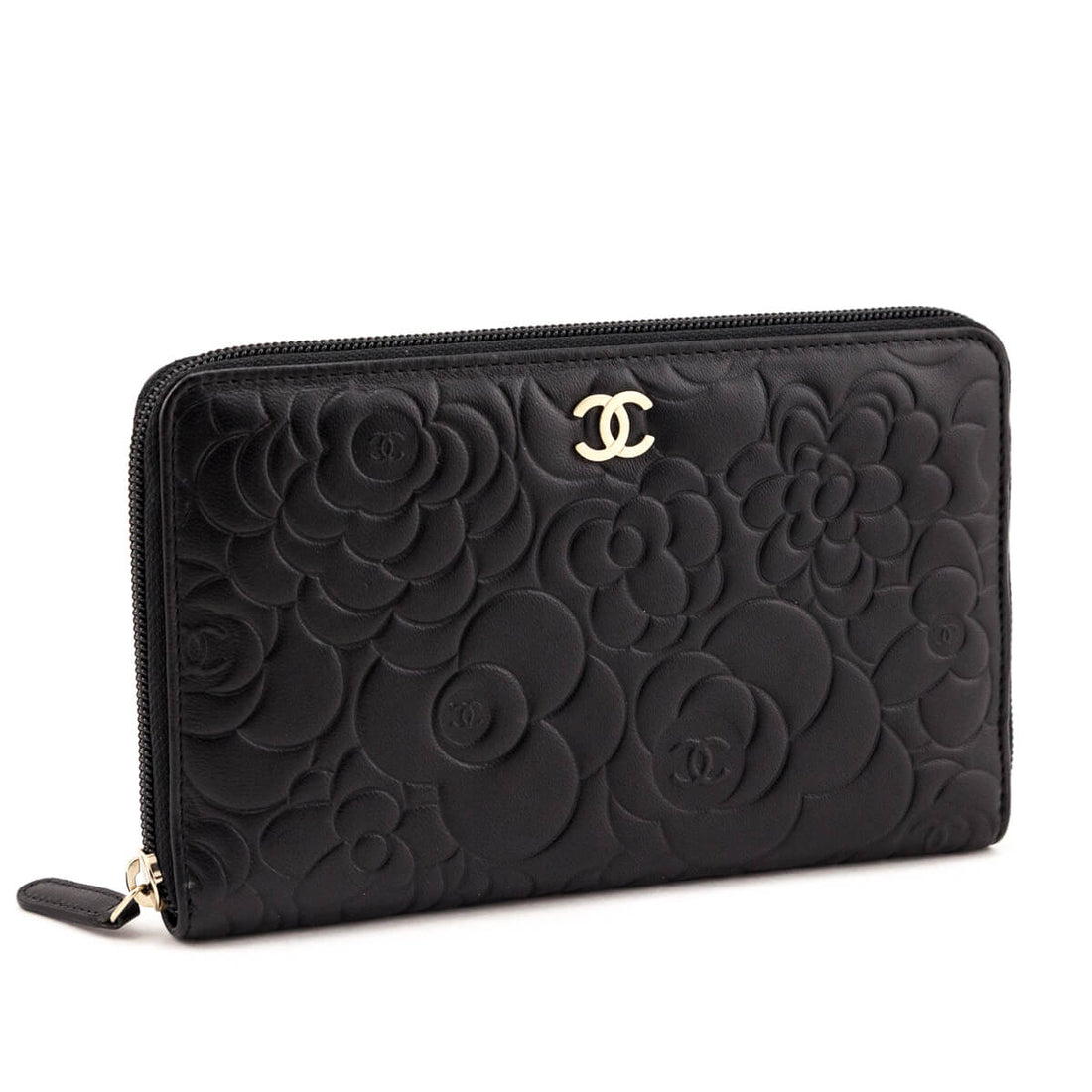 Chanel Black Camellia Embossed Lambskin Long Zip Wallet