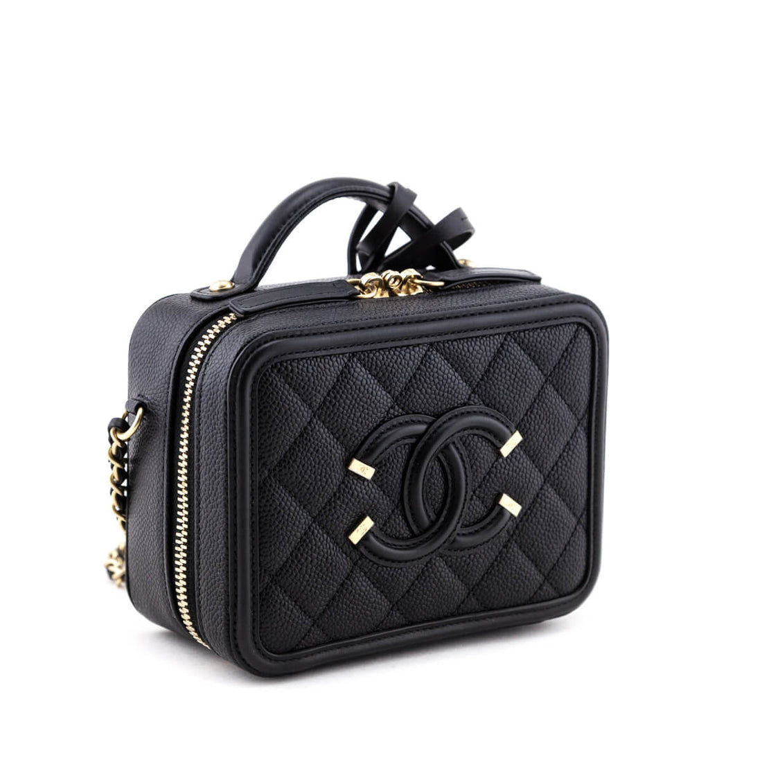 Chanel Black Quilted Caviar Small Filigree CC Vanity Case
