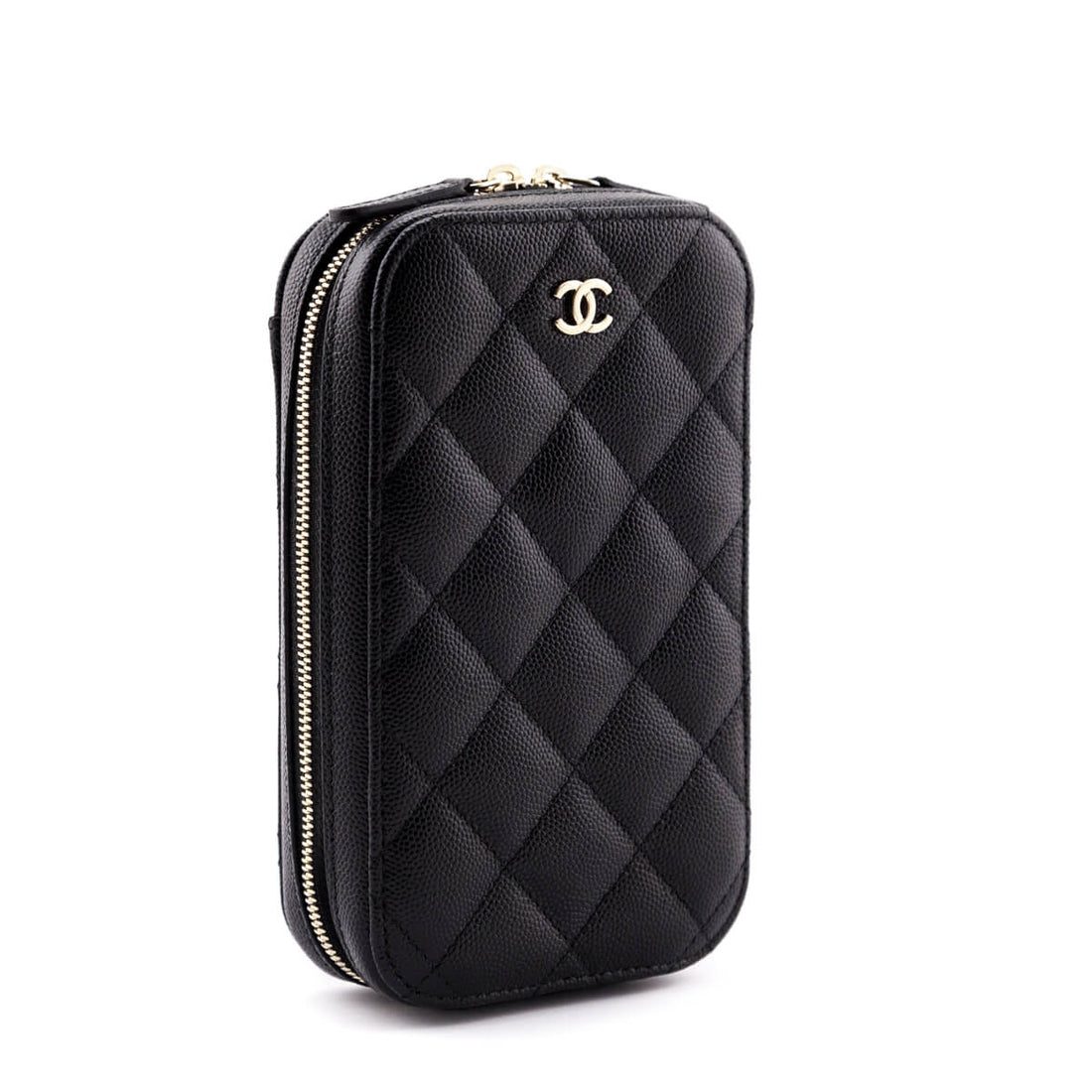 Chanel Black Quilted Caviar Zip Around Chain Phone Case
