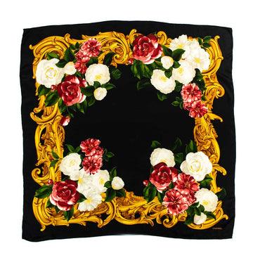 Chanel Black & Red Camellia Silk Floral Scarf